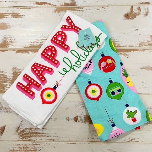 NEW 2Pk Retro Christmas Vintage Ornaments Dish Towel Set - Picture 1 of 3